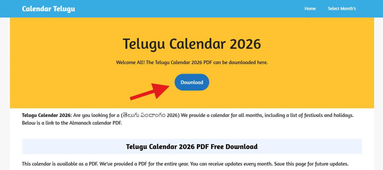 Telugu Calendar 2026 Free తెలుగు పంచాంగం 2026 Pdf Calendar Telugu