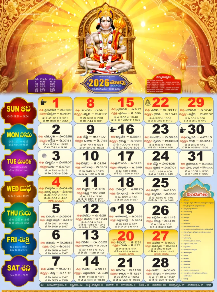 Telugu Calendar 2026 March